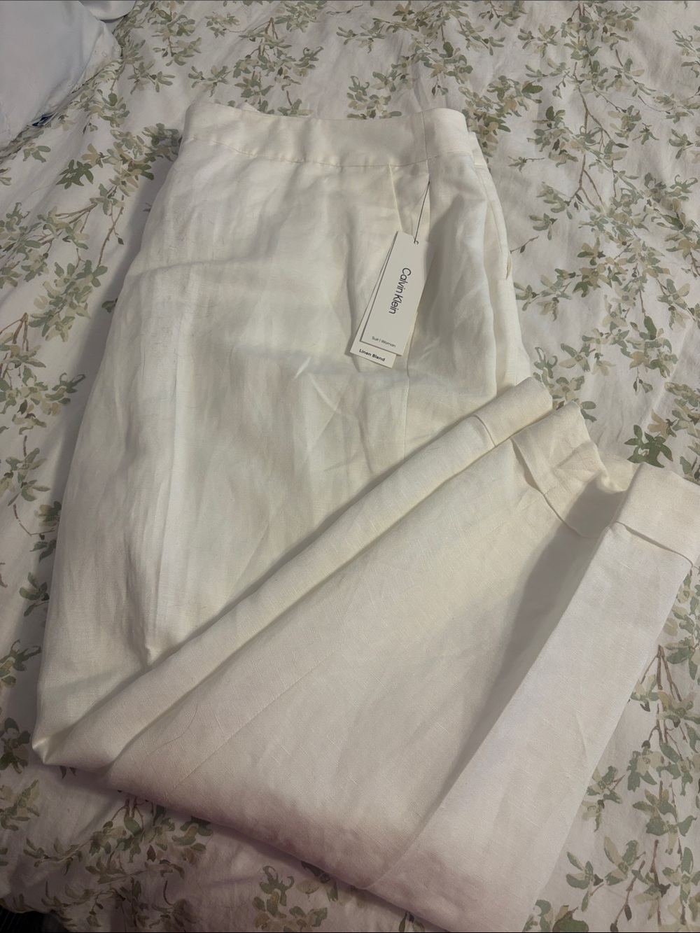 Calvin Klein White Linen-Blend Straight-Leg Cuffed Pants